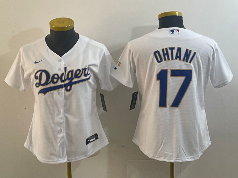 Women's Los Angeles Dodgers #17 Shohei Ohtani White Gold Championship Stitched Cool Base Nike Jersey