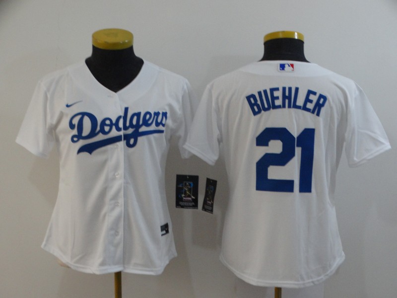 Women's Los Angeles Dodgers #21 Walker Buehler White Stitched MLB Cool Base Nike Jersey
