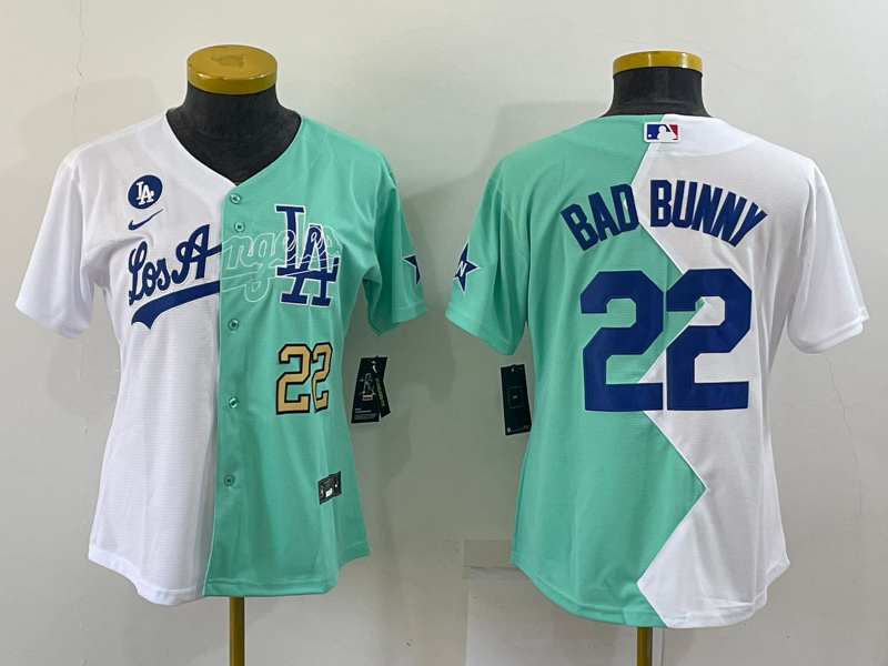 Women's Los Angeles Dodgers #22 Bad Bunny White Green Two Tone 2022 Celebrity Softball Game Cool Base Jersey