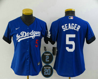 Women's Los Angeles Dodgers #5 Corey Seager Blue #2 #20 Patch City Connect Number Cool Base Stitched Jersey