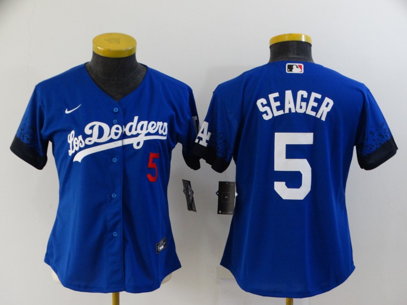 Women's Los Angeles Dodgers #5 Corey Seager Blue 2021 City Connect Number Cool Base Stitched Jersey