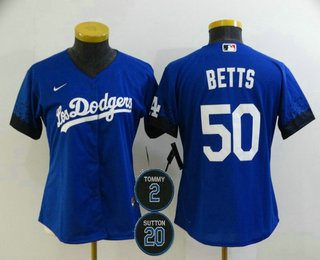 Women's Los Angeles Dodgers #50 Mookie Betts Blue #2 #20 Patch City Connect Cool Base Stitched Jersey