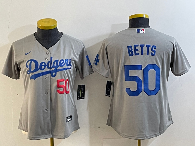 Women's Los Angeles Dodgers #50 Mookie Betts Number Grey Cool Base Stitched Nike Jersey