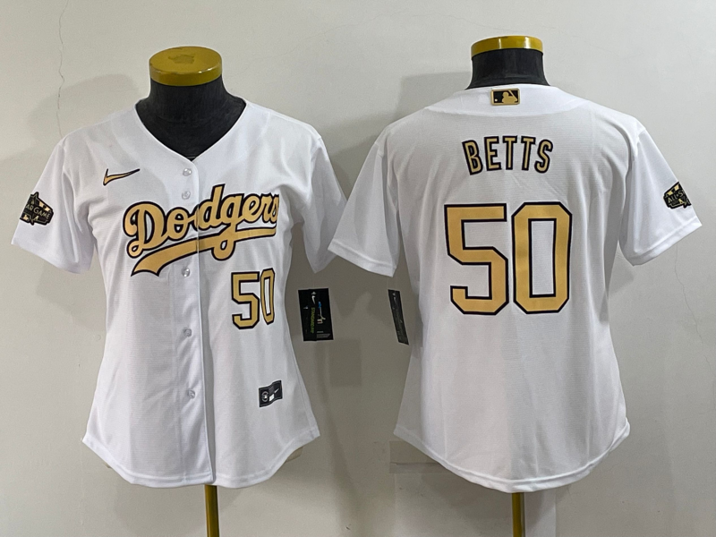 Women's Los Angeles Dodgers #50 Mookie Betts Number White 2022 All Star Stitched Cool Base Nike Jersey
