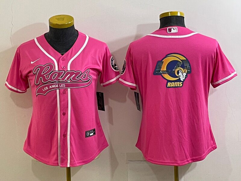 Women's Los Angeles Rams Pink Team Big Logo With Patch Cool Base Stitched Baseball Jersey
