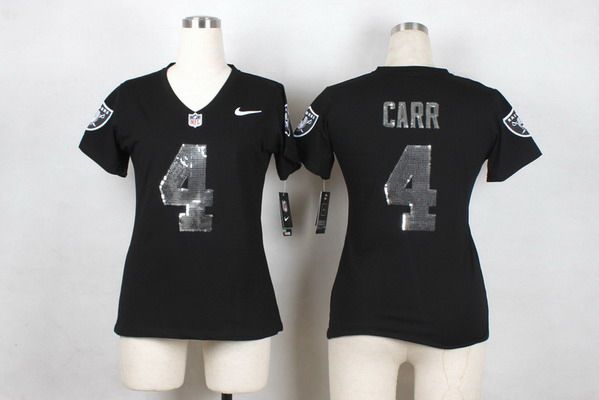 Women's Oakland Raiders #4 Derek Carr Nike Handwork Sequin Lettering Fashion Black Jersey