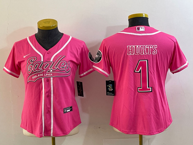 Women's Philadelphia Eagles #1 Jalen Hurts Pink Cool Base Stitched Baseball Jersey(Run Small)