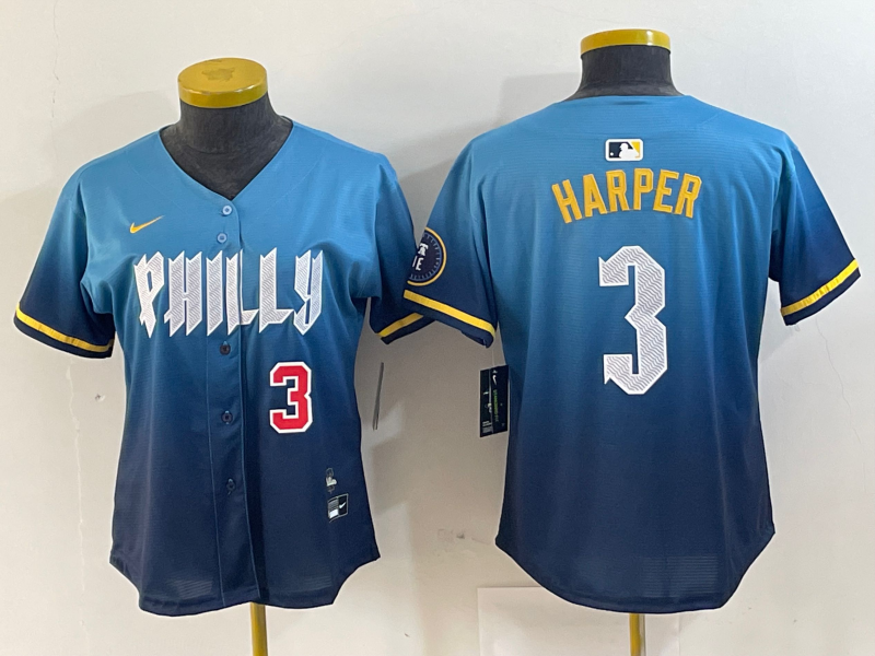 Women's Philadelphia Phillies #3 Bryce Harper Number Blue 2024 City Connect Limited Stitched Jersey