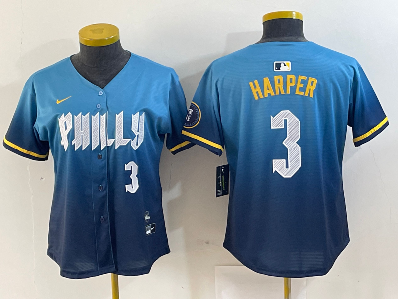 Women's Philadelphia Phillies #3 Bryce Harper Number Blue 2024 City Connect Limited Stitched Jerseys