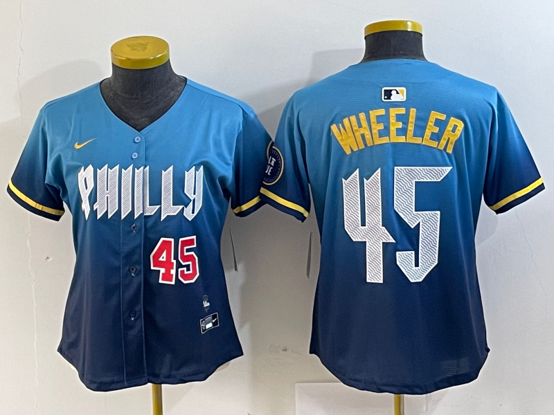 Women's Philadelphia Phillies #45 Zack Wheeler Blue 2024 City Player Number Cool Base Stitched Jerseys