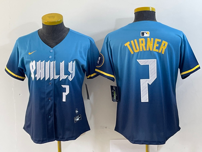 Women's Philadelphia Phillies #7 Trea Turner Number Blue 2024 City Connect Limited Stitched Jerseys