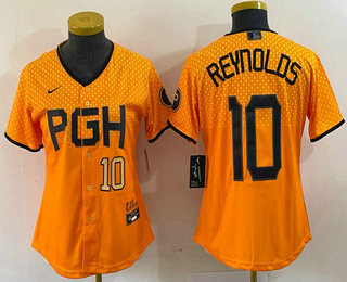 Women's Pittsburgh Pirates #10 Bryan Reynolds Number Yellowd 2023 City Connect Stitched Jersey2