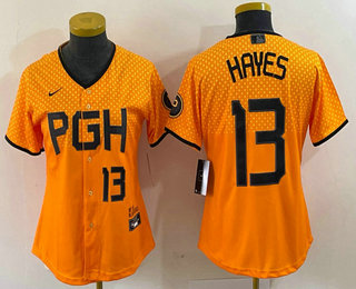 Women's Pittsburgh Pirates #13 KeBryan Hayes Number Yellow 2023 City Connect Stitched Jersey1