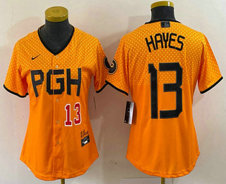 Women's Pittsburgh Pirates #13 KeBryan Hayes Number Yellow 2023 City Connect Stitched Jersey2
