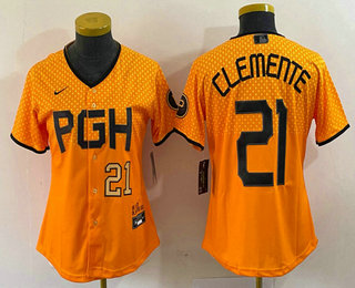 Women's Pittsburgh Pirates #21 Roberto Clemente Number Yellow 2023 City Connect Stitched Jersey2