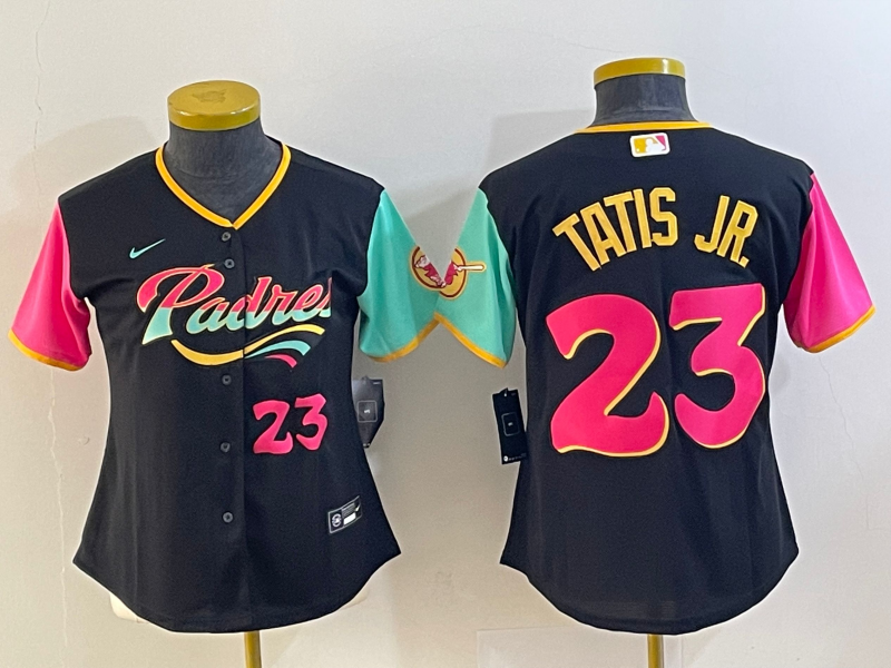 Women's San Diego Padres #23 Fernando Tatis Jr Black Number 2022 City Connect Cool Base Stitched Jersey