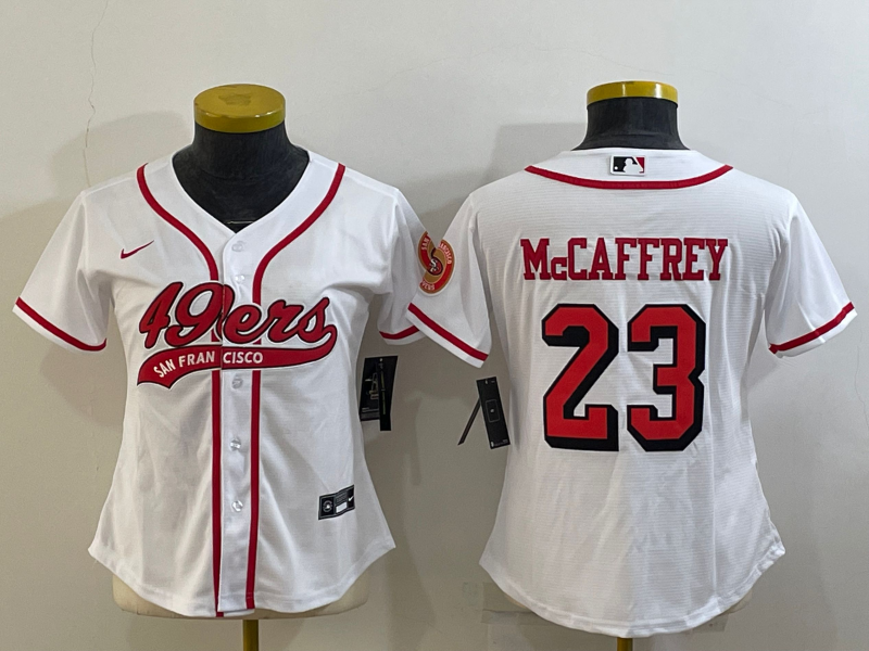Women's San Francisco 49ers #23 Christian McCaffrey White Color Rush With Patch Cool Base Stitched Baseball Jersey