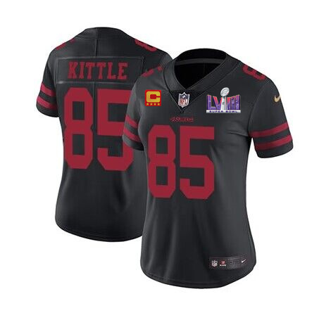 Women's San Francisco 49ers #85 George Kittle Black Super Bowl LVIII Patch And 4-star C Patch Vapor Untouchable Limited Stitched Jersey(Runs Small)