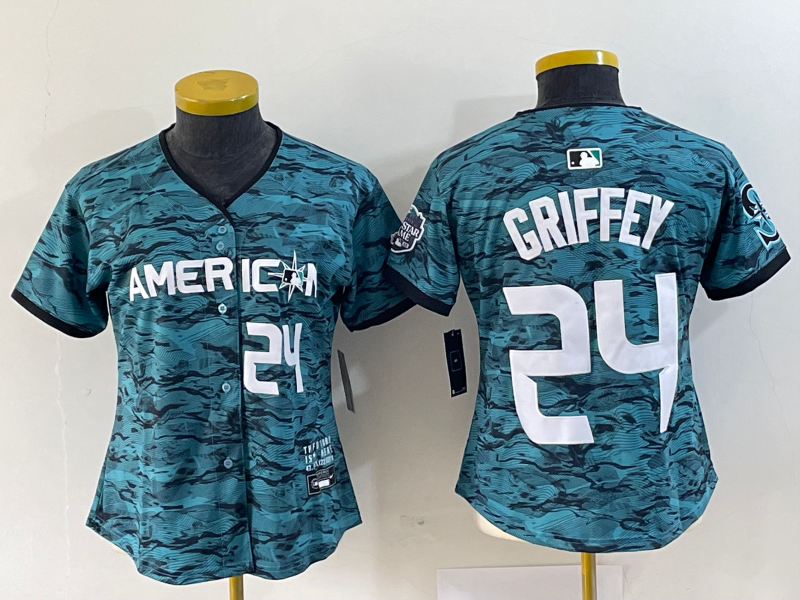 Women's Seattle Mariners #24 Ken Griffey Number Teal 2023 All Star Cool Base Stitched Jersey