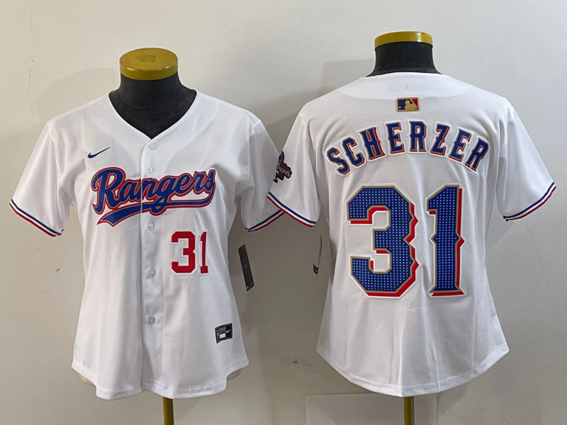 Women's Texas Rangers #31 Max Scherzer Number White 2024 Gold Collection Limited Cool Base Jersey