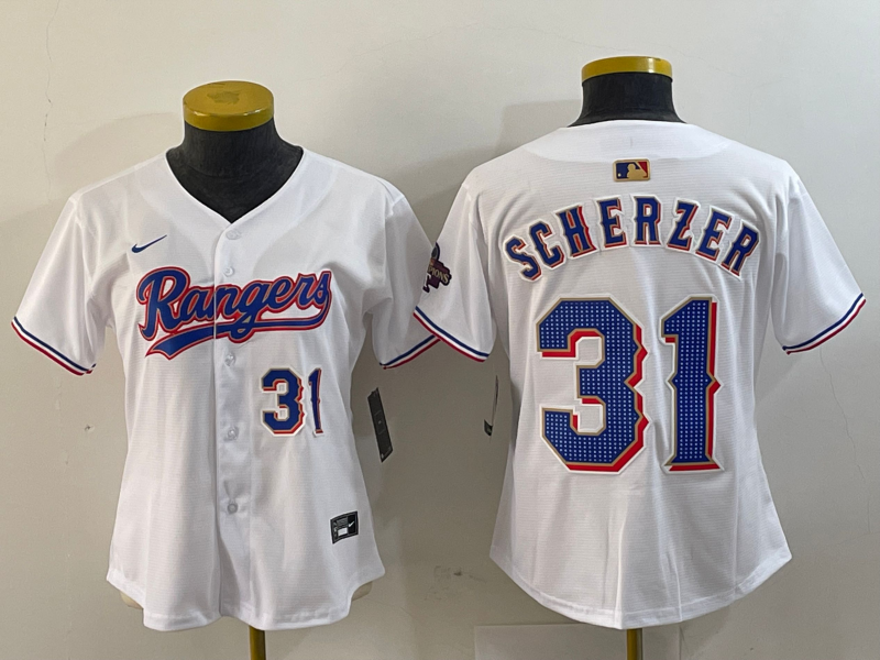 Women's Texas Rangers #31 Max Scherzer Number White 2024 Gold Collection Limited Cool Base Jerseys