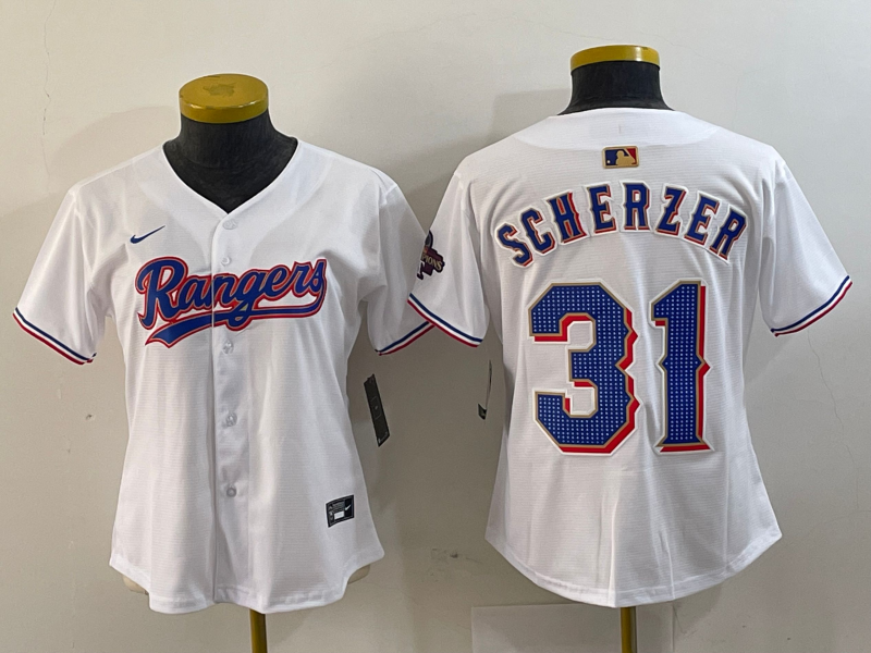 Women's Texas Rangers #31 Max Scherzer White 2024 Gold Collection Limited Cool Base Jersey