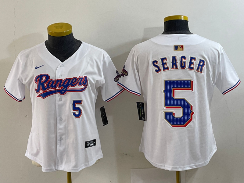 Women's Texas Rangers #5 Corey Seager Number White 2024 Gold Collection Limited Cool Base Jersey