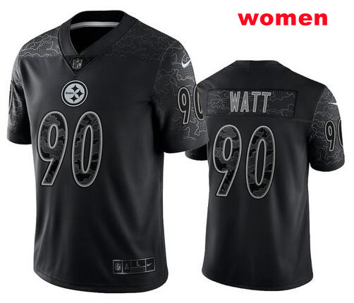 Women Pittsburgh Steelers #90 T.J. Watt Black Reflective Limited Jersey