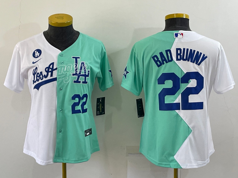 Womens Los Angeles Dodgers #22 Bad Bunny White Green Two Tone 2022 Celebrity Softball Game Cool Base Jersey