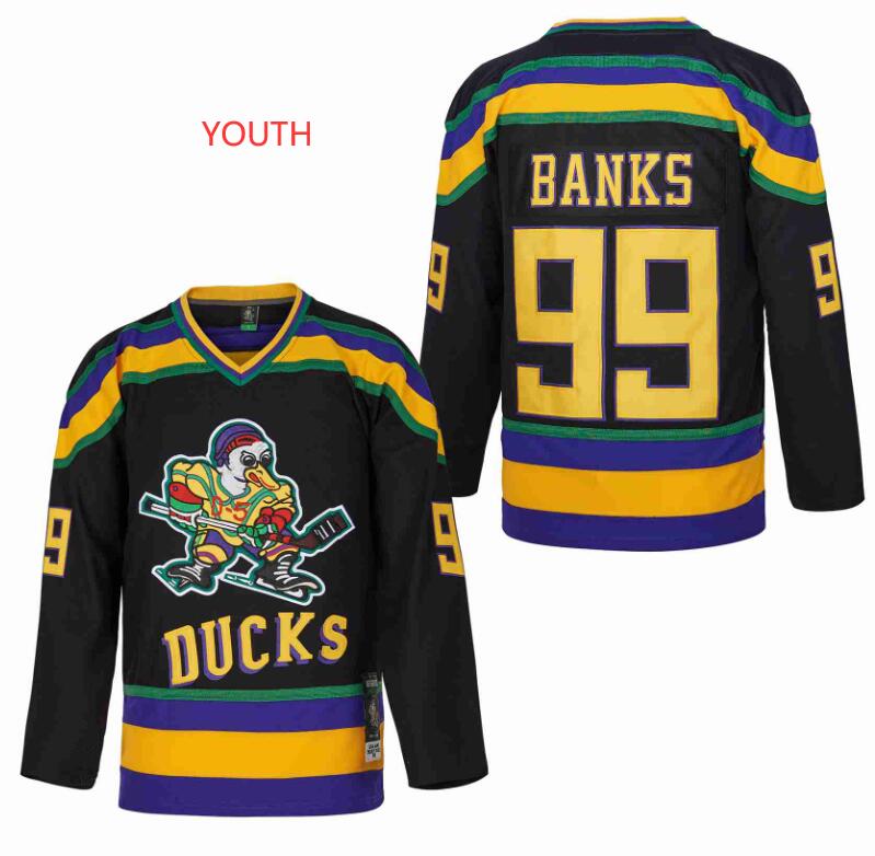 YOUTH 99# Adam Banks The Mighty Ducks Authentic Movie in Black Jersey