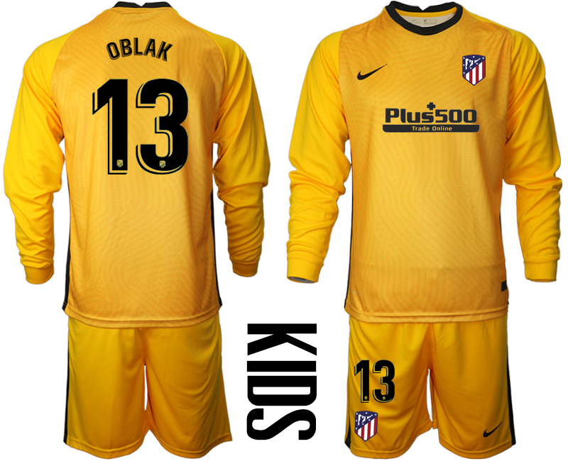 Youth 2020-21 Atletico Madrid yellow goalkeeper 13# OBLAK long sleeve soccer jerseys