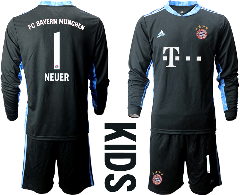 Youth 2020-21 Bayern Munich black goalkeeper 1# NEUER long sleeve soccer jerseys