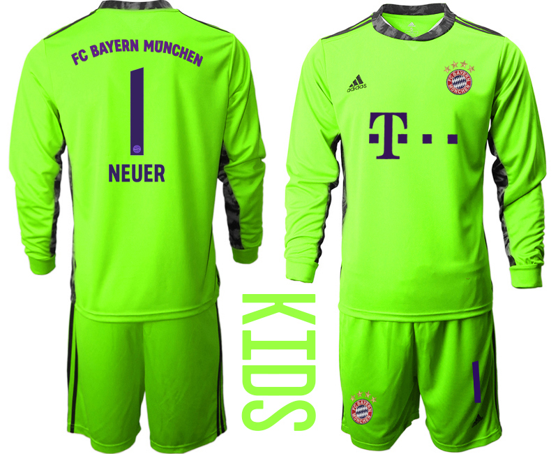 Youth 2020-21 Bayern Munich fluorescent green goalkeeper 1# NEUER long sleeve soccer jerseys
