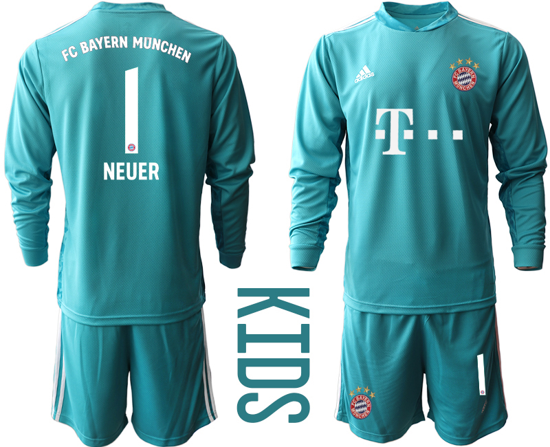 Youth 2020-21 Bayern Munich lake blue goalkeeper 1# NEUER long sleeve soccer jerseys