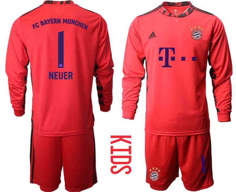 Youth 2020-21 Bayern Munich red goalkeeper 1# NEUER long sleeve soccer jerseys
