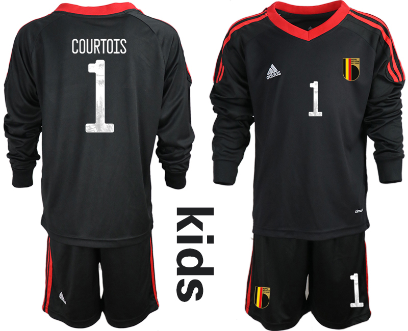 Youth 2020-21 Belgium black goalkeeper 1# COURTOIS long  sleeve soccer jerseys.