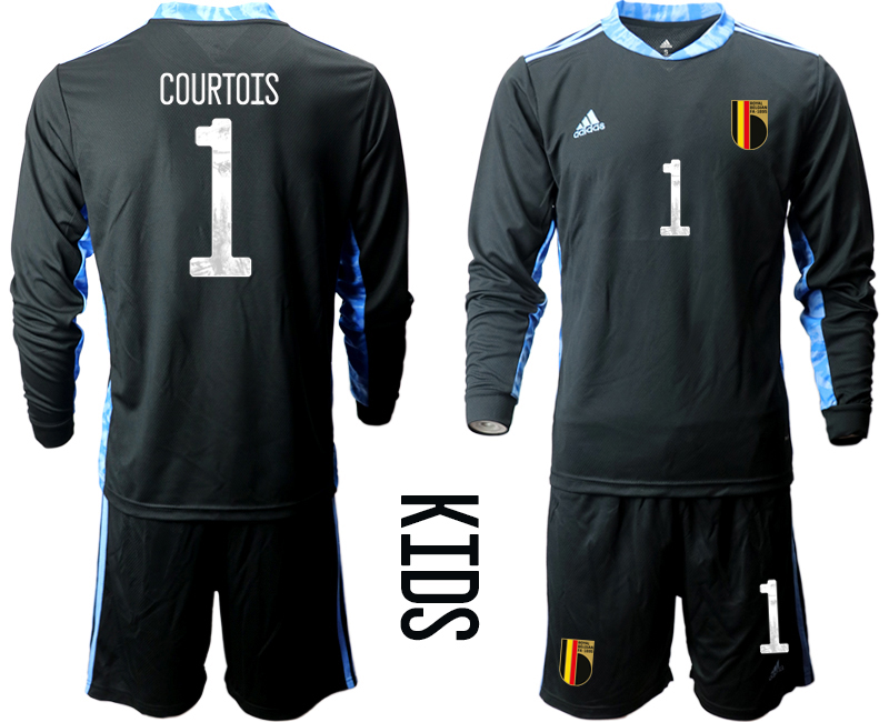 Youth 2020-21 Belgium black goalkeeper 1# COURTOIS long sleeve soccer jerseys.
