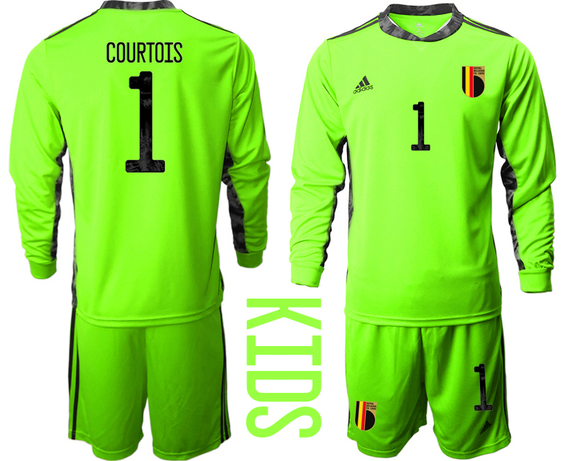 Youth 2020-21 Belgium fluorescent green goalkeeper 1# COURTOIS long sleeve soccer jerseys