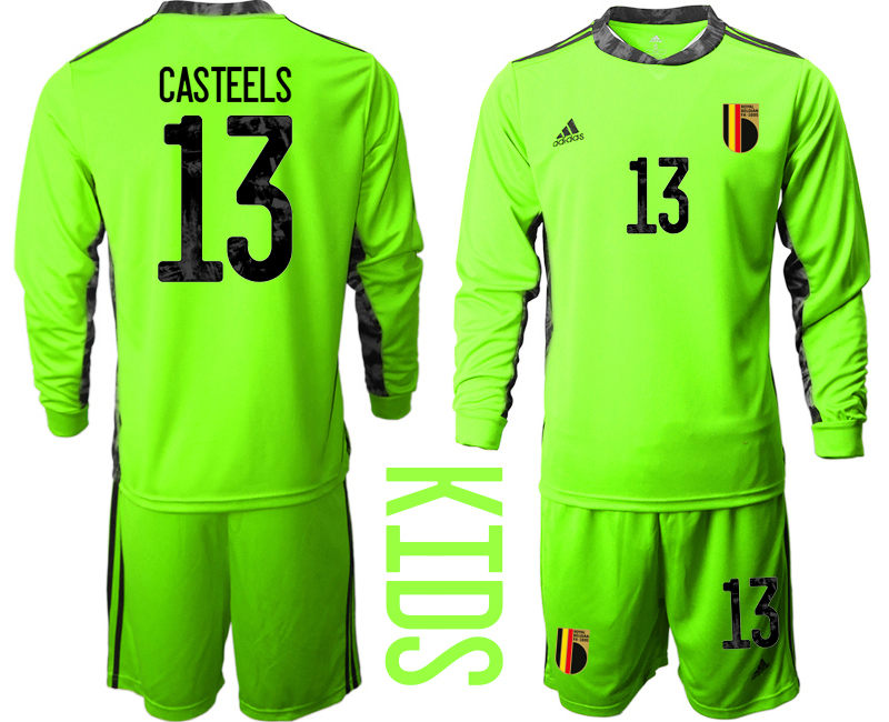 Youth 2020-21 Belgium fluorescent green goalkeeper 13# CASTEELS long sleeve soccer jerseys
