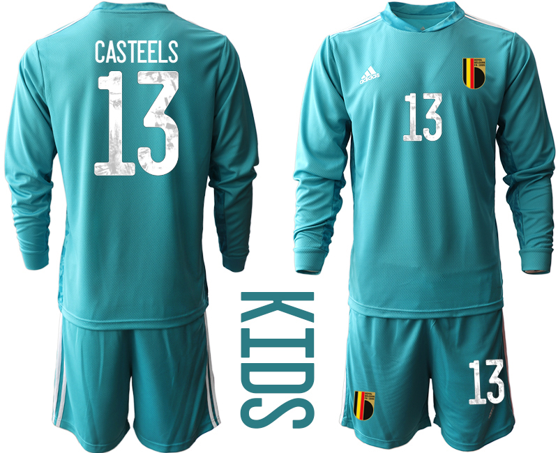 Youth 2020-21 Belgium lake blue goalkeeper 13# CASTEELS long sleeve soccer jerseys
