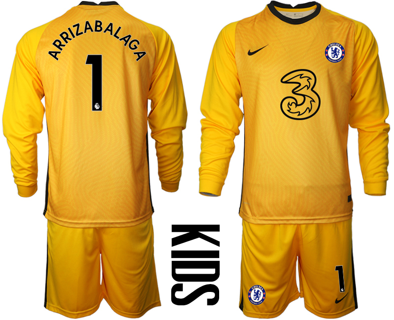 Youth 2020-21 Chelsea yellow goalkeeper 1# ARRIZABALAGA long sleeve soccer jerseys