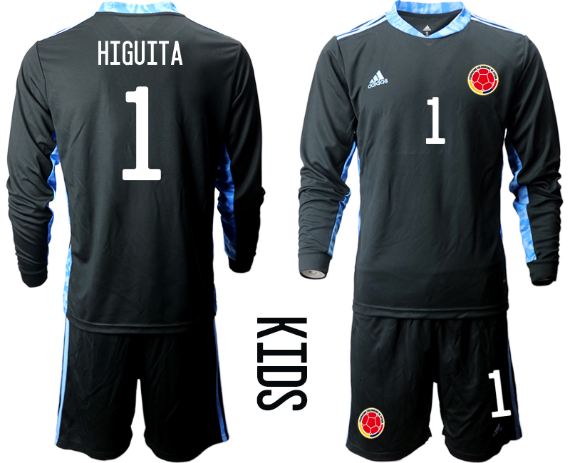 Youth 2020-21 Colombia black goalkeeper 1# HIGUITA long sleeve soccer jerseys.