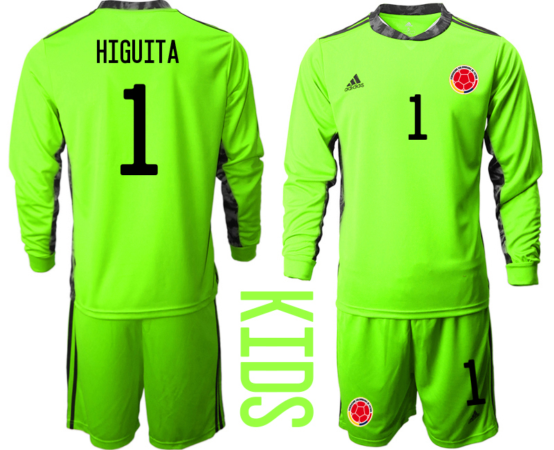 Youth 2020-21 Colombia fluorescent green goalkeeper 1# HIGUITA long sleeve soccer jerseys