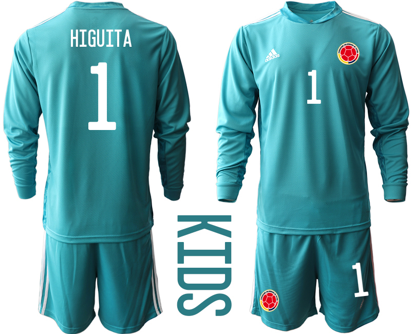 Youth 2020-21 Colombia lake blue goalkeeper 1# HIGUITA long sleeve soccer jerseys