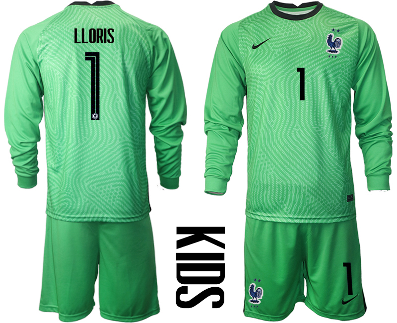 Youth 2020-21 France green goalkeeper 1# LLORIS long sleeve soccer jerseys