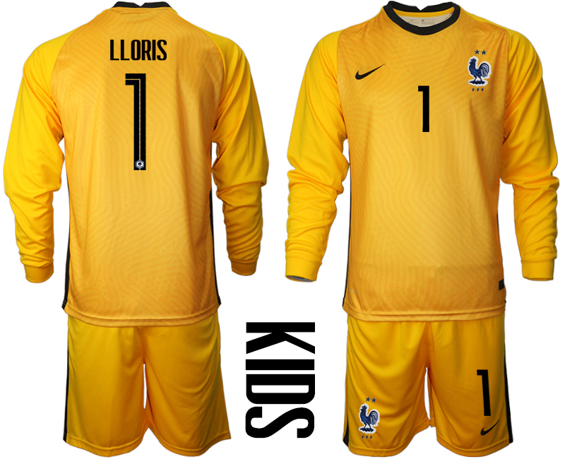 Youth 2020-21 France yellow goalkeeper 1# LLORIS long sleeve soccer jerseys