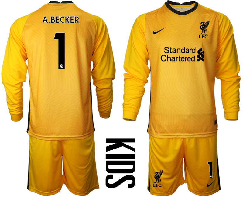 Youth 2020-21 Liverpool yellow goalkeeper 1# A.BECKER long sleeve soccer jerseys