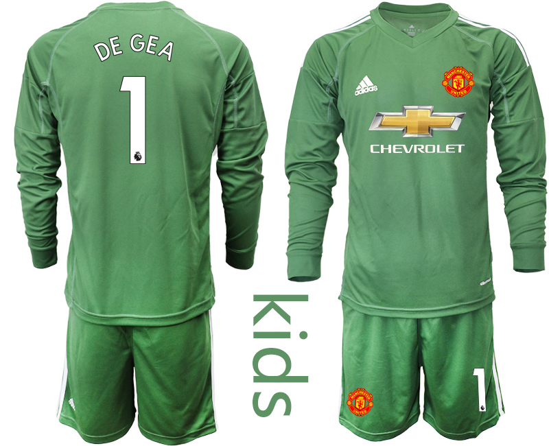 Youth 2020-21 Manchester United army green goalkeeper 1# DE GEA long sleeve soccer jerseys