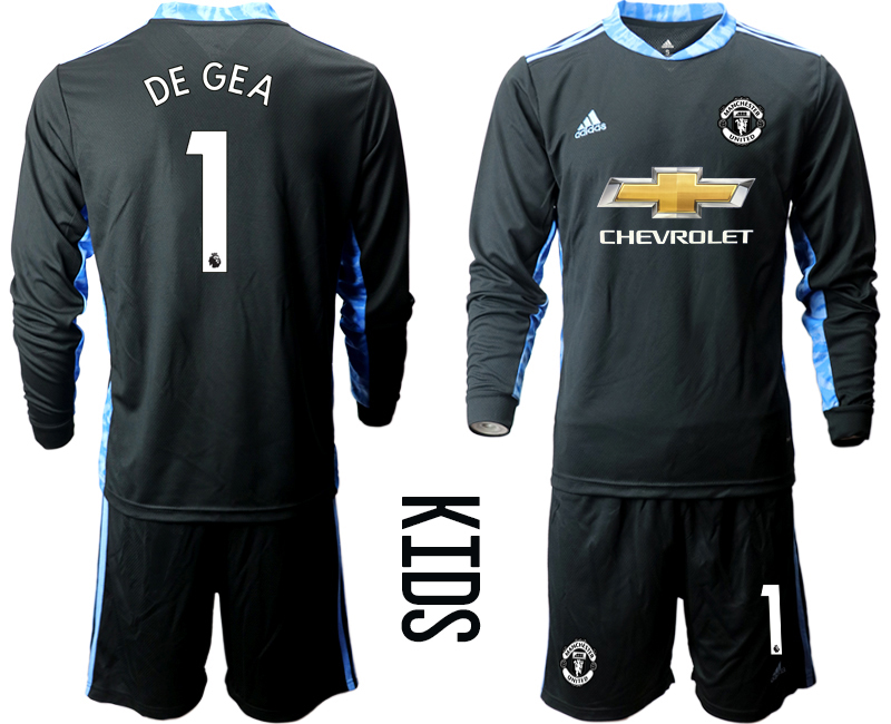 Youth 2020-21 Manchester United black goalkeeper 1# DE GEA long sleeve soccer jerseys.