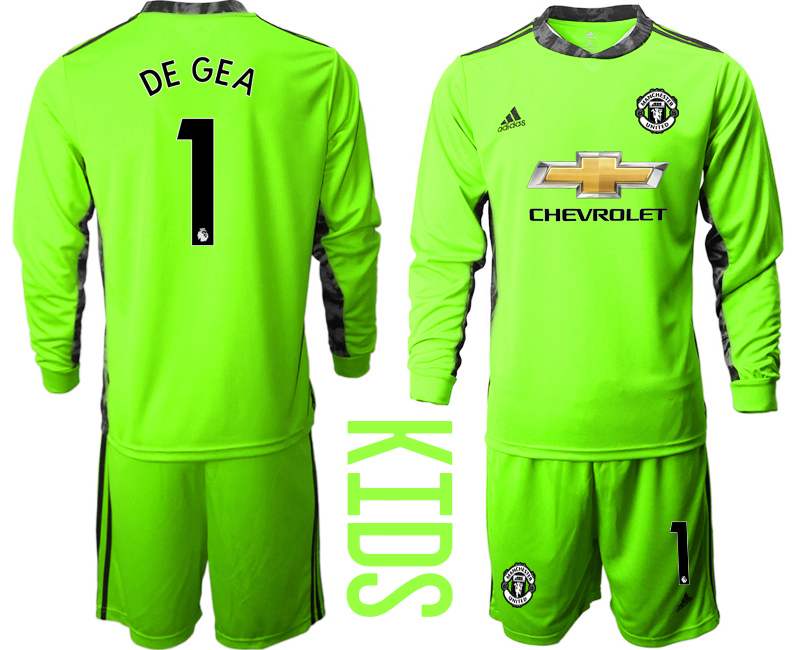 Youth 2020-21 Manchester United fluorescent green goalkeeper 1# DE GEA long sleeve soccer jerseys